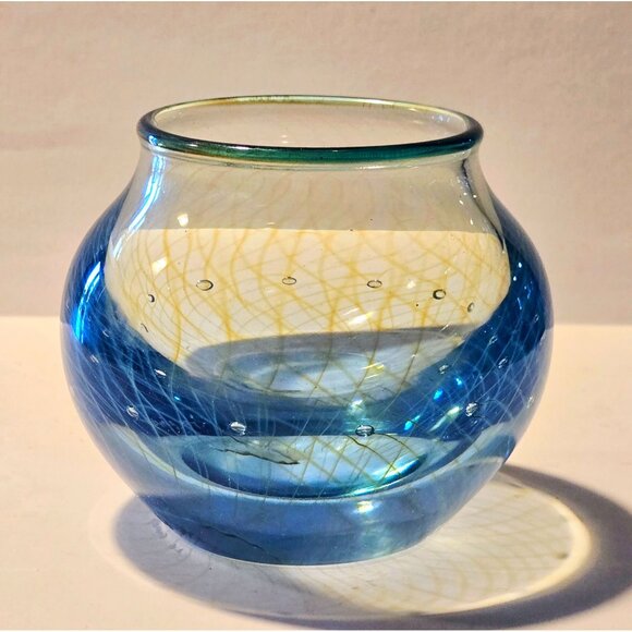 Signed Hand-Blown Blue Glass Vase With Yellow Swirl & Bubble Design By D. Karnig - Picture 2 of 6